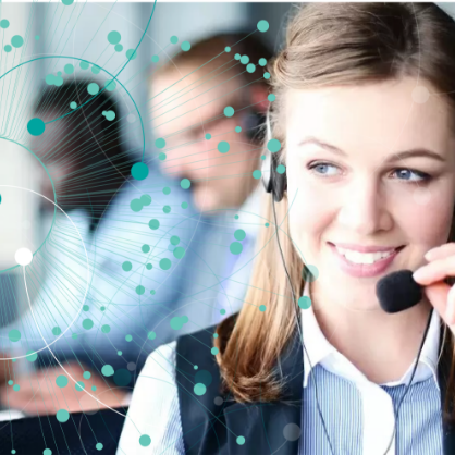 person talking to a customer on the phone by using a headset